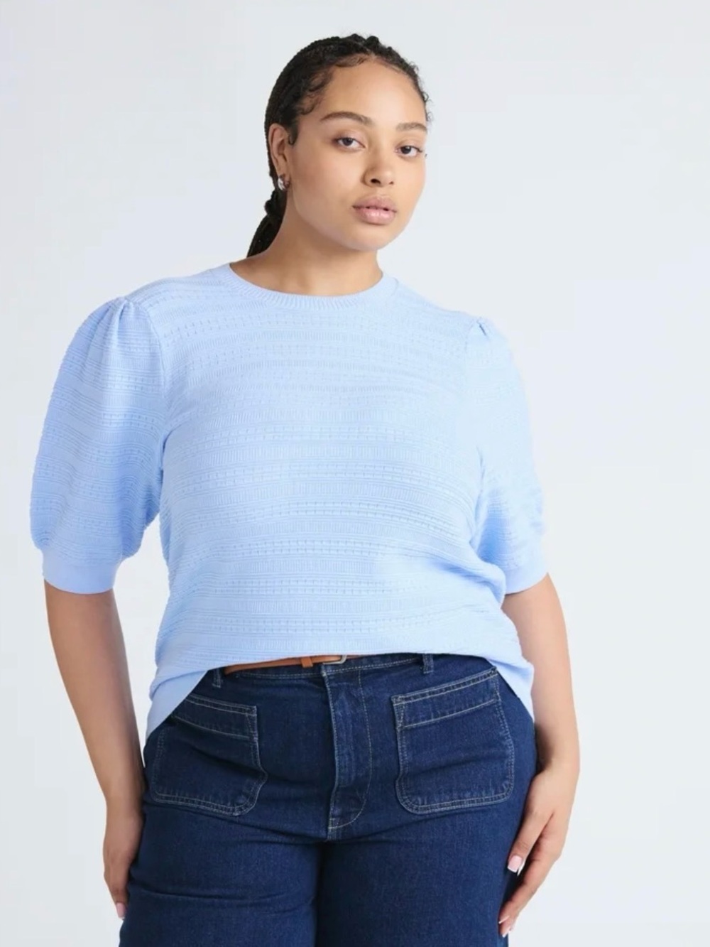 Light Blue Puff Sleeve Knit Top - Women